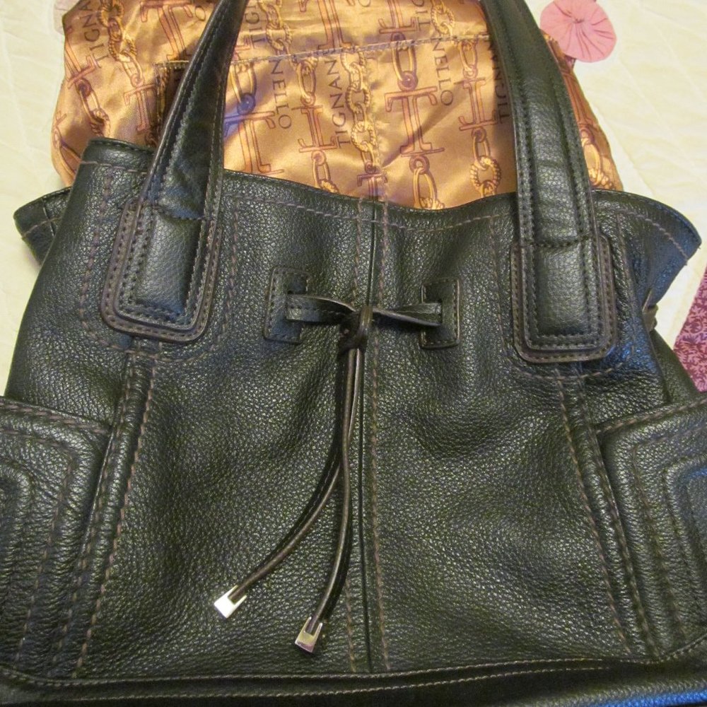 Tignanello Brown Leather Super Stitch Drawstring Shopper Bag Purse Gold Lining